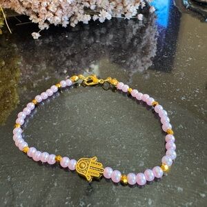 NWT Pink and Gold Beaded Bracelet with Hamsa Charm